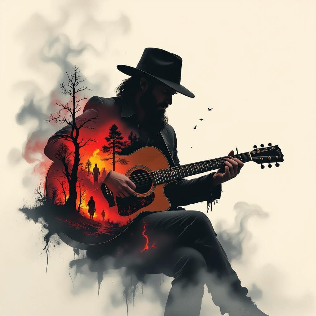 Guitarist's Fiery Underworld: Dark Fantasy Matte Painting