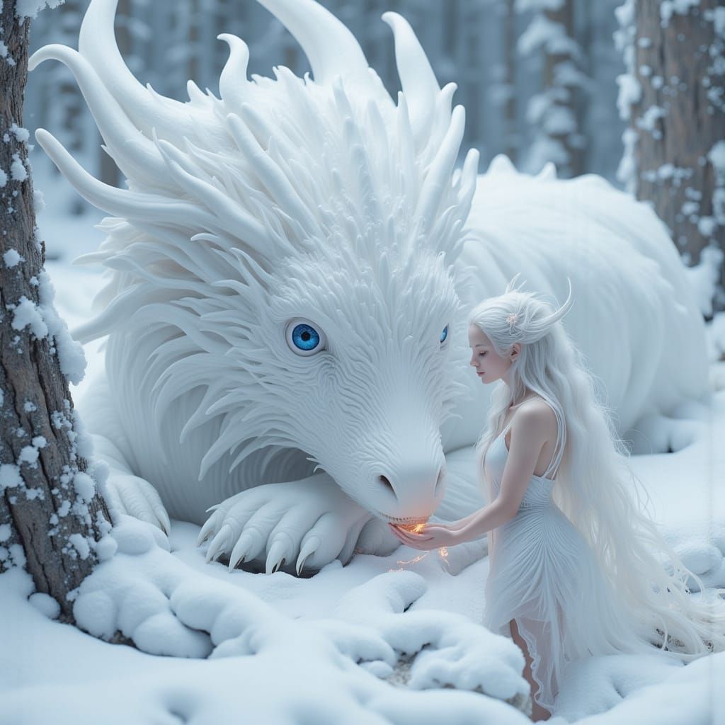 White Fairy With Snow Dragon in Winter Landscape
