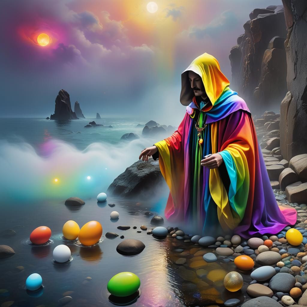 Surreal Figure on Cobblestone Shore in Dreamlike Painting