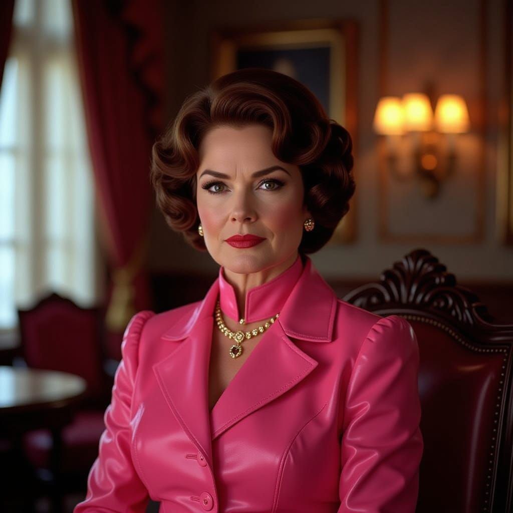 Authoritarian Figure in Pink Leather: Cinematic Film Still