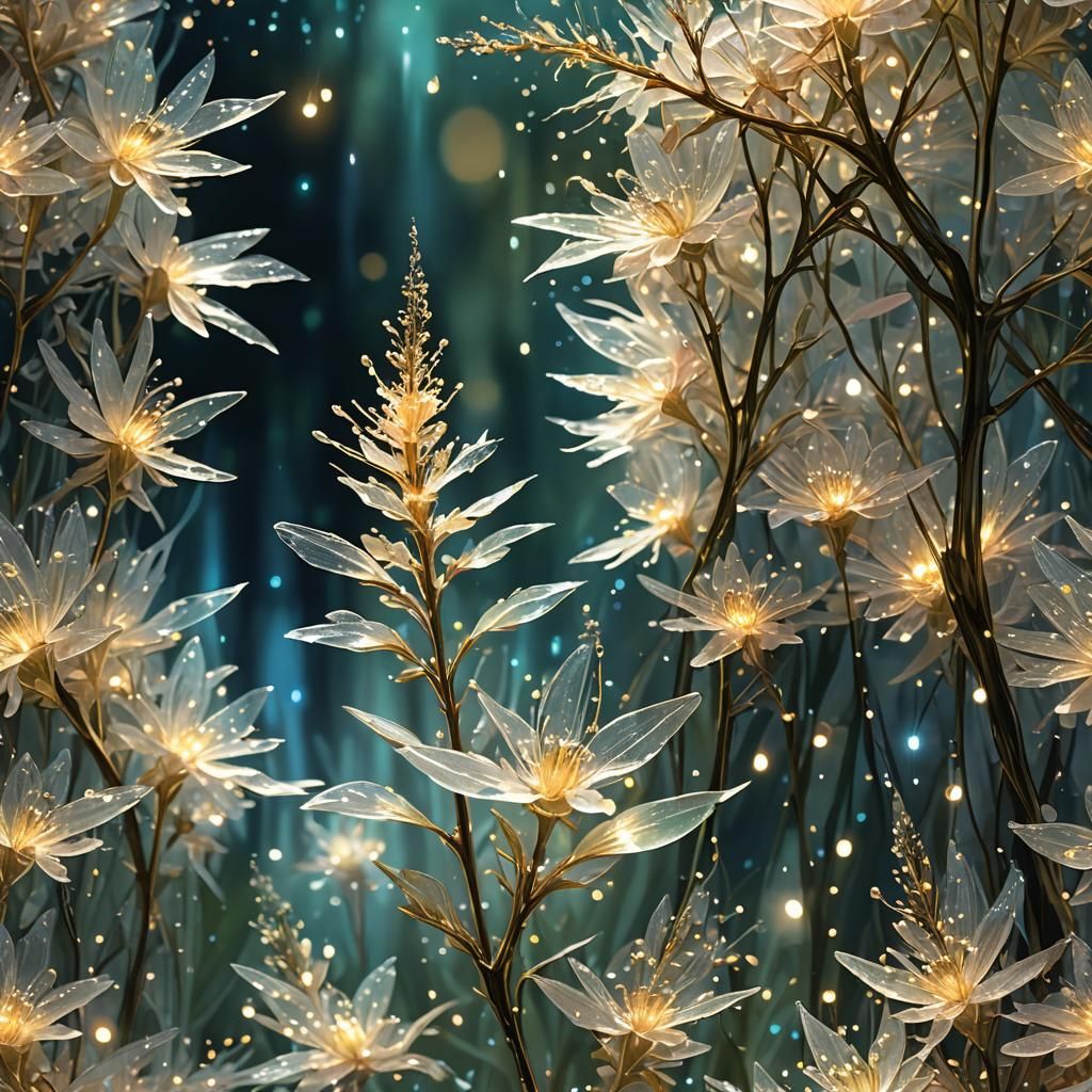 Crystalline Spires and Iridescent Blooms in Twilight