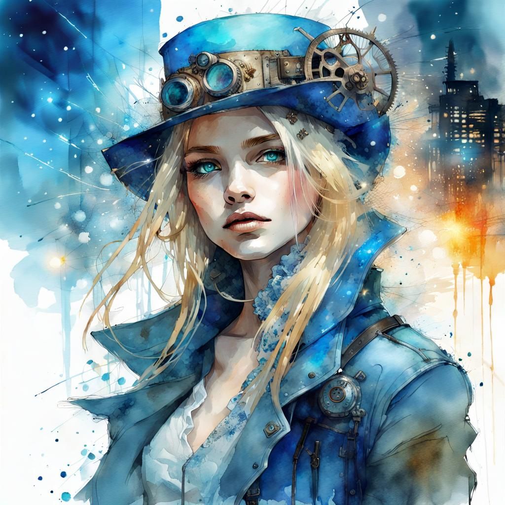 Steampunk Bounty Hunter with Glowing Eyes in Watercolor