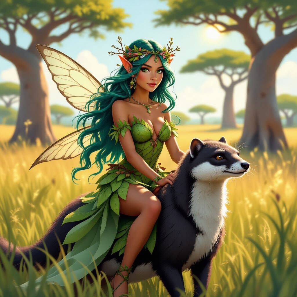 Green-Haired Fairy Rides Mongoose in Savannah Landscape