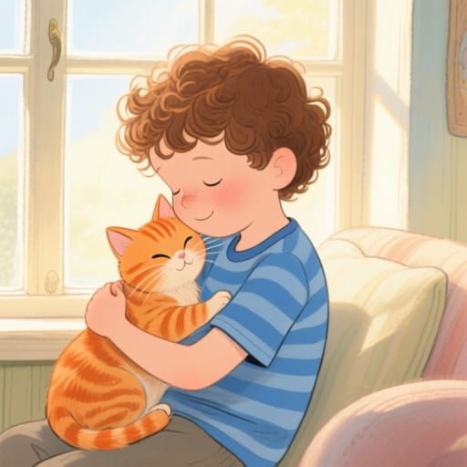 Boy Cuddles Orange Tabby Kitten in Sunlit Window Seat
