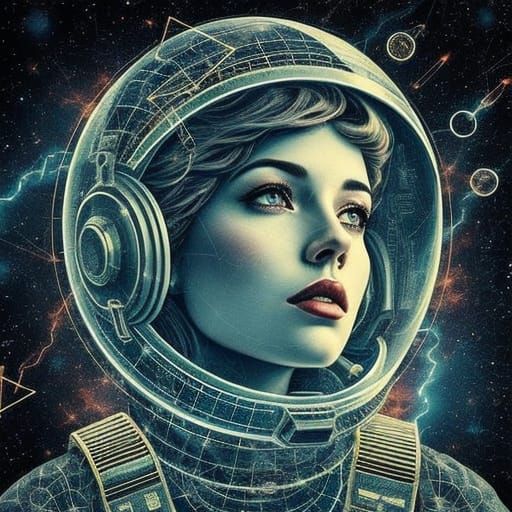 Retro Future Space Pilot Amidst Cosmic Schematics