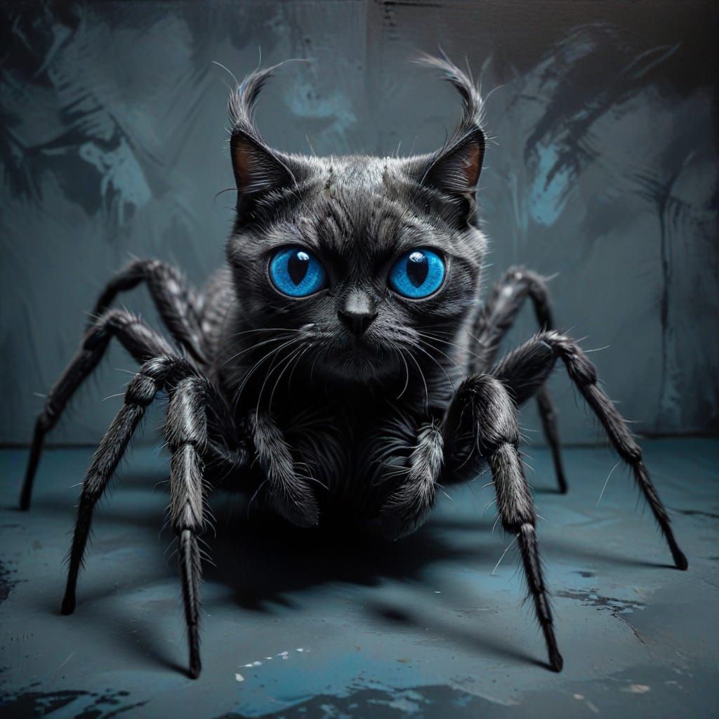 Whimsical Pop Art Spider Cat in a Dark Room
