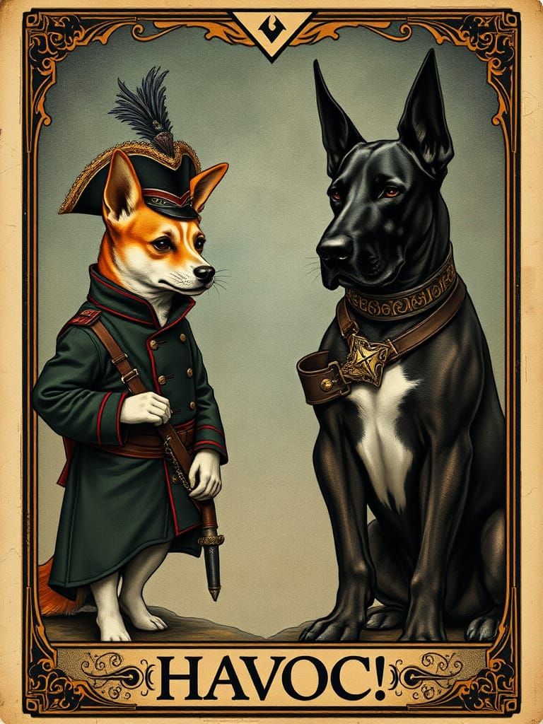 Tarot Card: Anthropomorphic Dogs of War in Art Nouveau