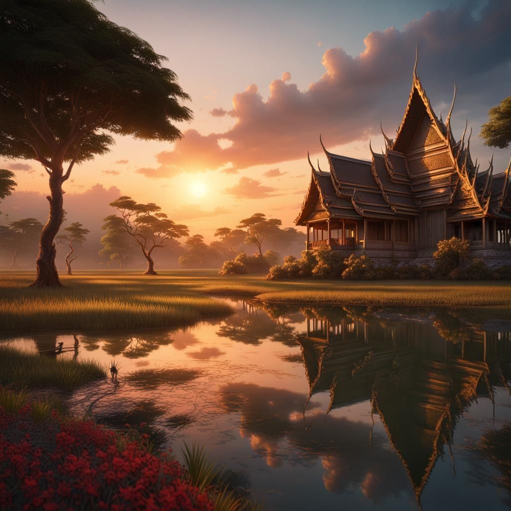 Sunset Over Thai Countryside: Fantasy Concept Art