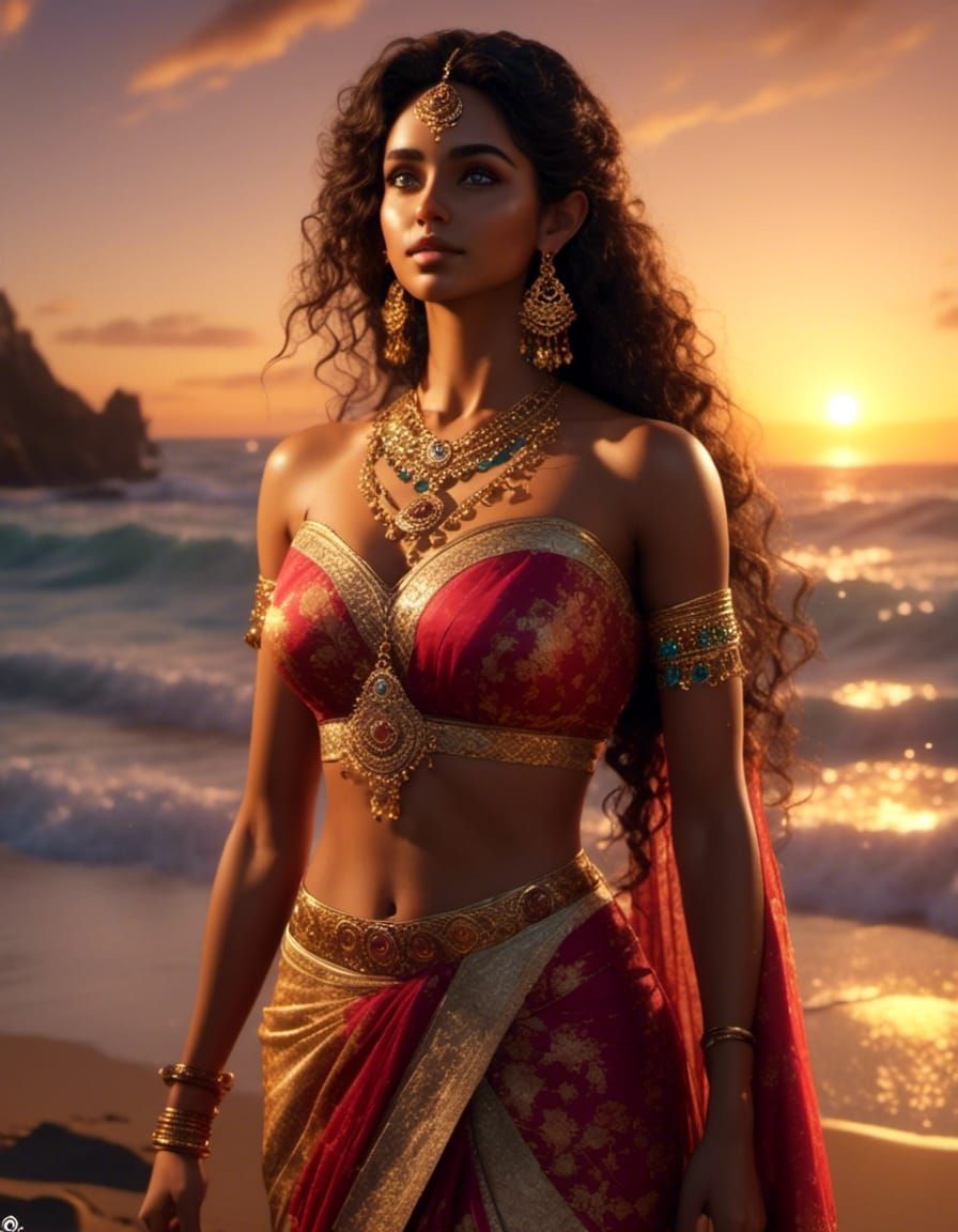 Indian Woman at Beach Sunrise: Digital Render