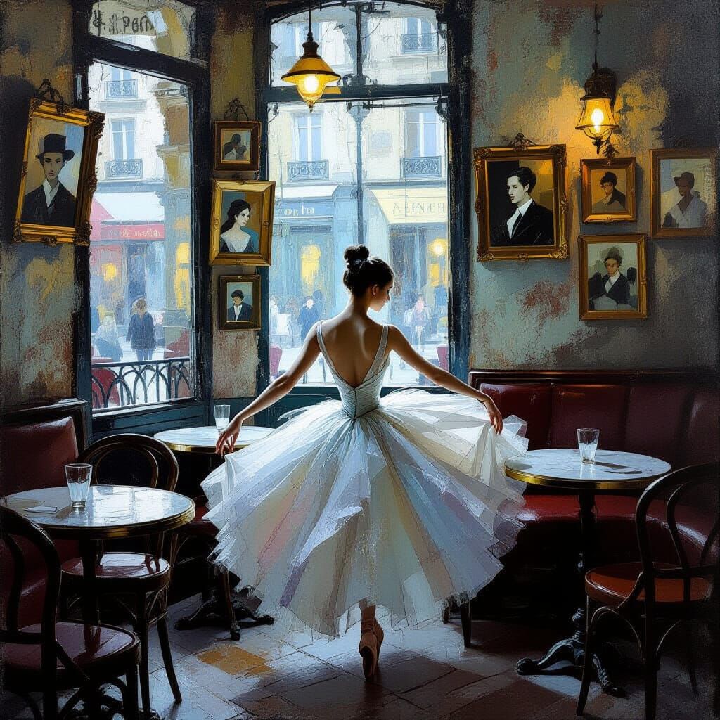 Ballerina in Gossamer Gown in Parisian Twilight Cafe