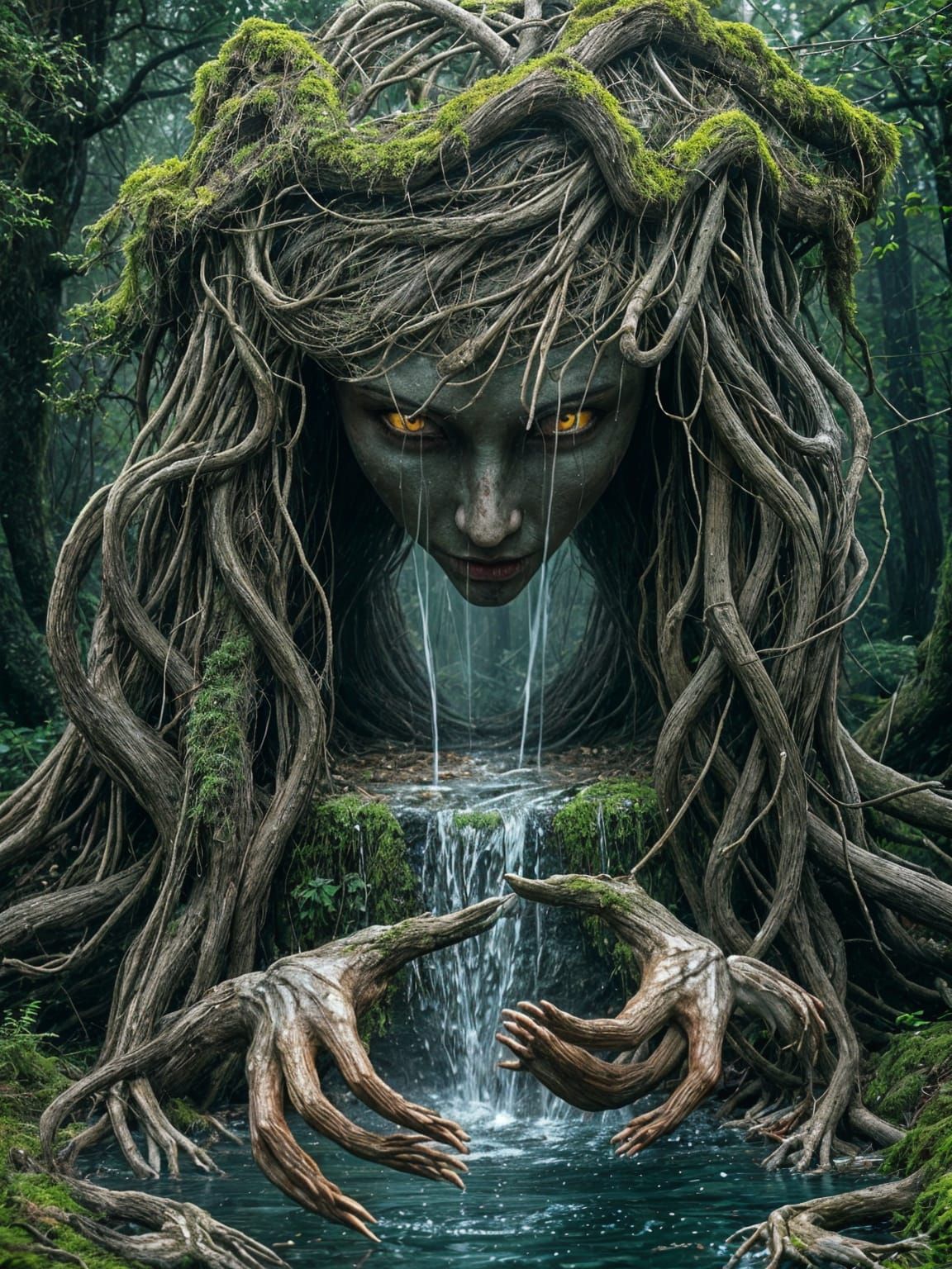 Sweeping sad shattered woman made of dead tree vine,