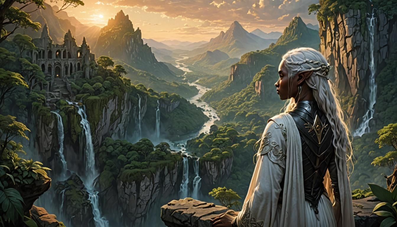 Elven Woman Gazes at Rainforest Ruins at Sundown