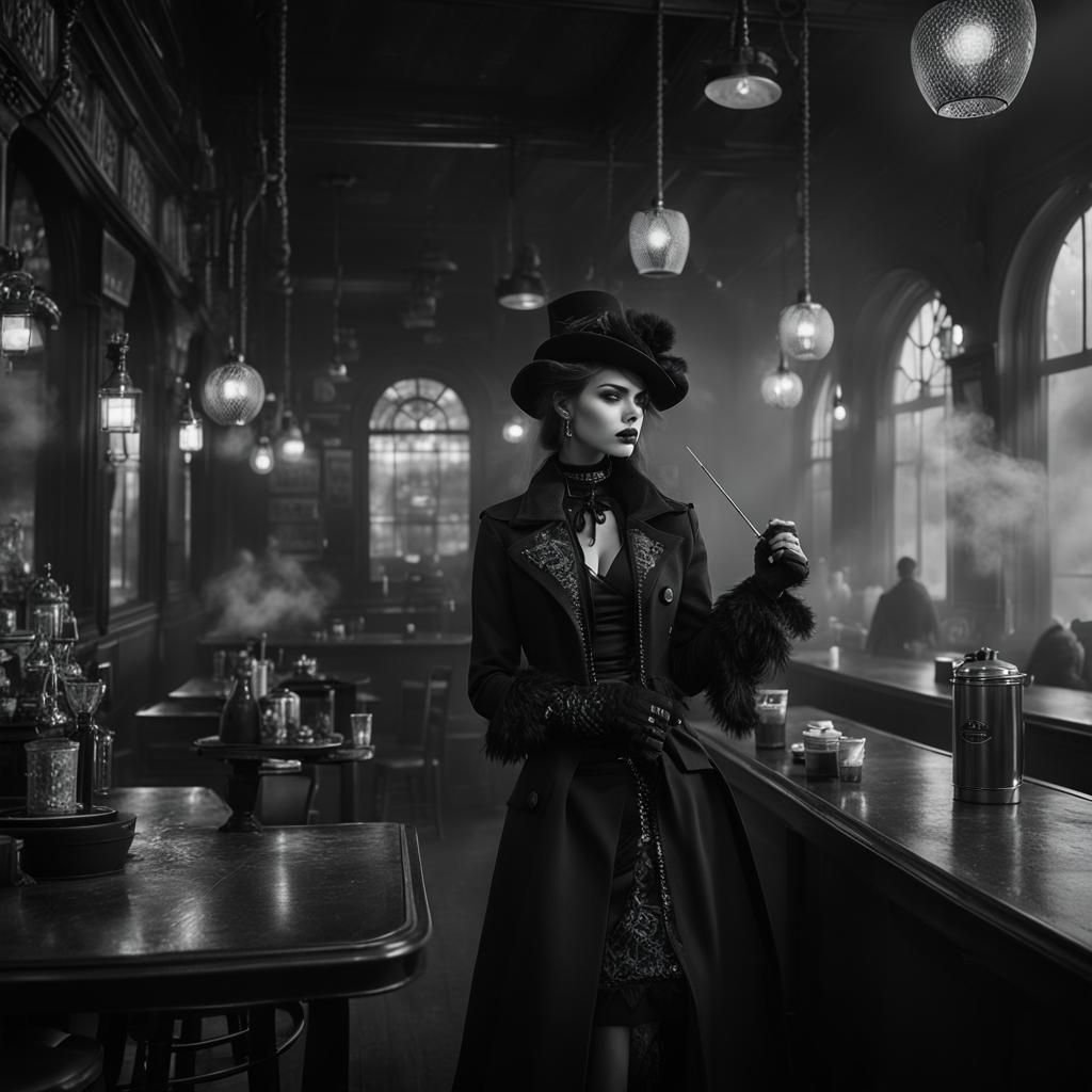 Goth Fashion Model in Foggy Coffee Shop: Grayscale Photograp...