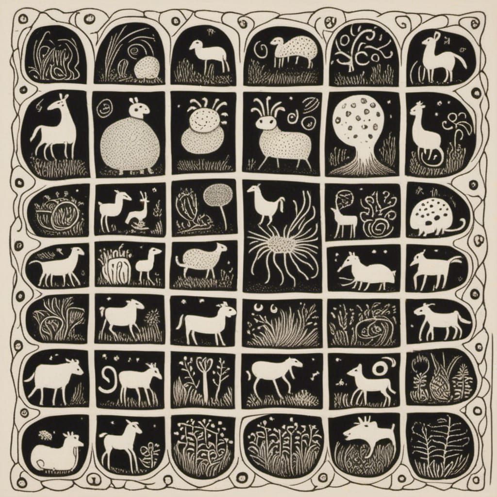 Monochrome Woodcut of Farm Animals in Expressionist Style