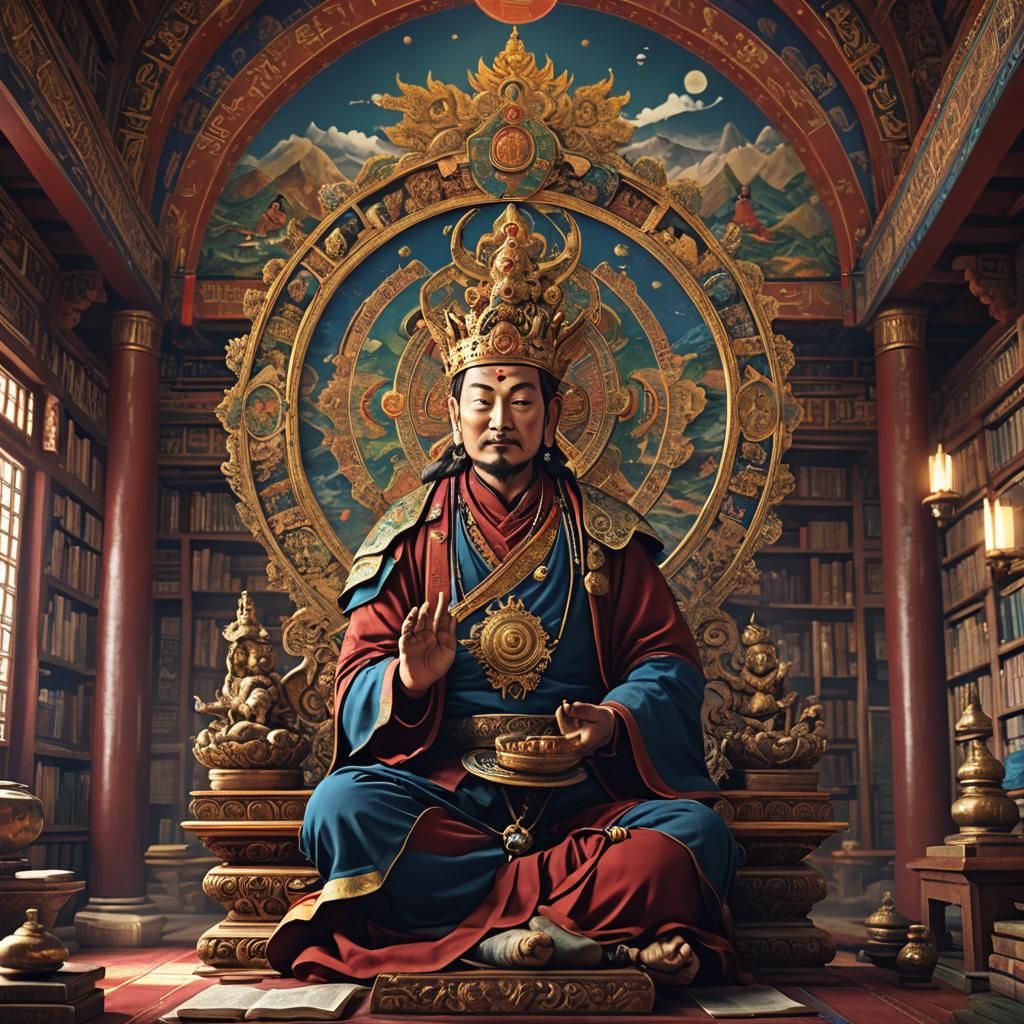 Padmasambhava, the Lotus-Born Guru, meditating in a Tibetan monastery library filled with sacred scriptures, embodying t...