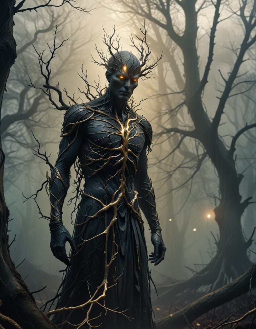 Mysterious Figure in Foggy Forest: Dark Fantasy Art