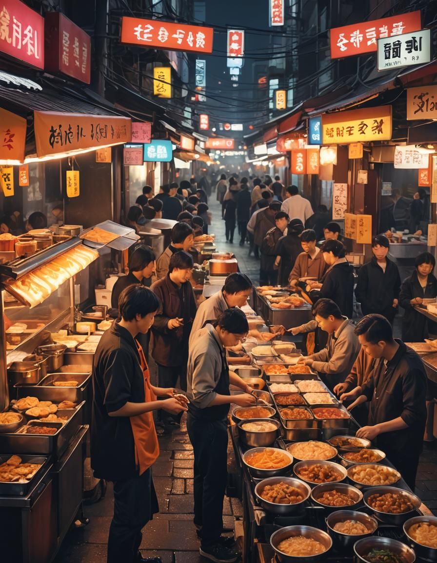 Korean Street Food Vendor in Neon-Lit Market