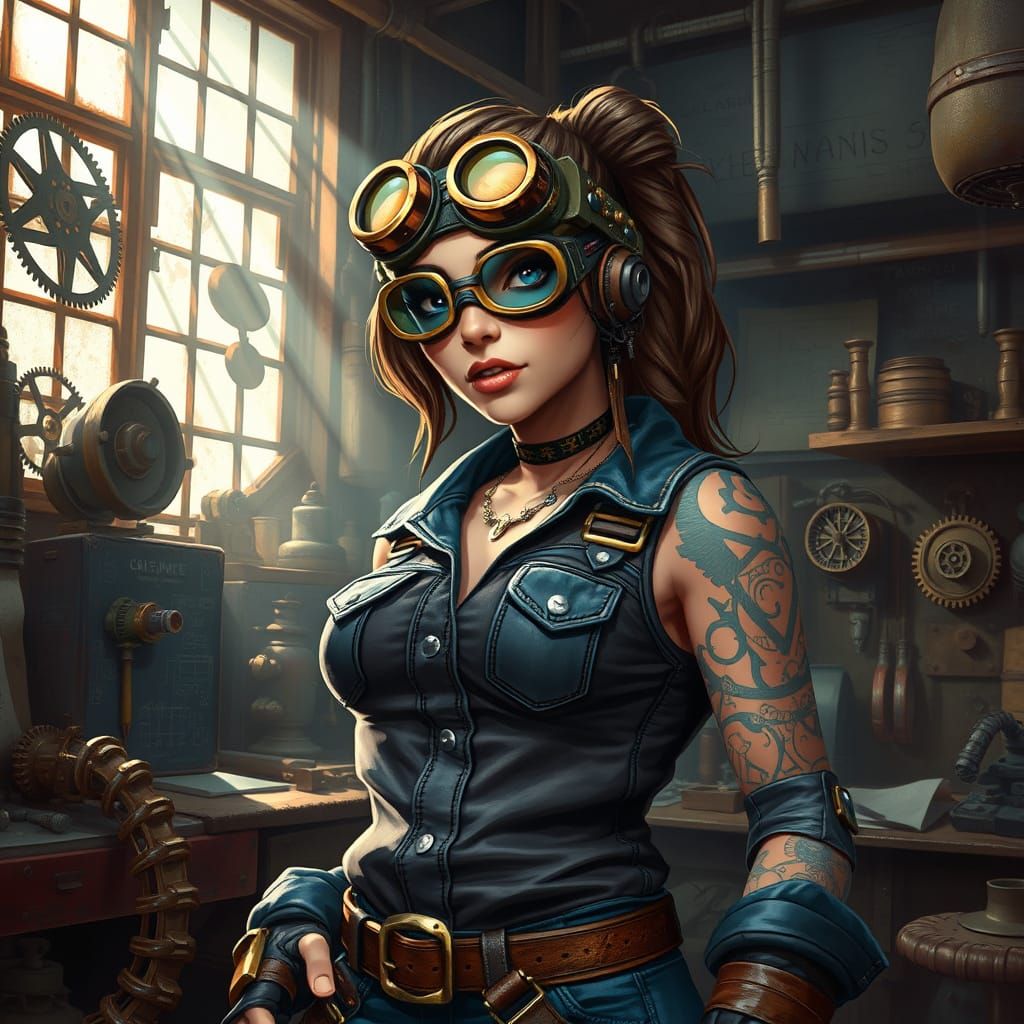 Dieselpunk Mechanic in Workshop Concept Art