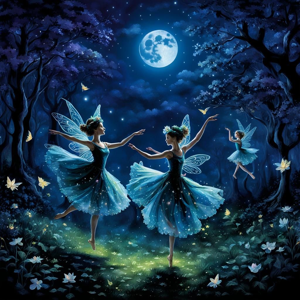 Fairies dancing in the forest moonlight sky at night Fairies...