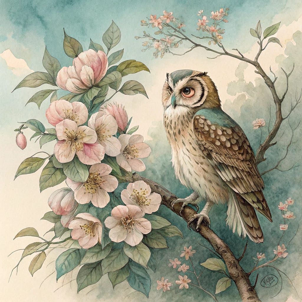 Botanical Owl in Watercolor Style Illustration