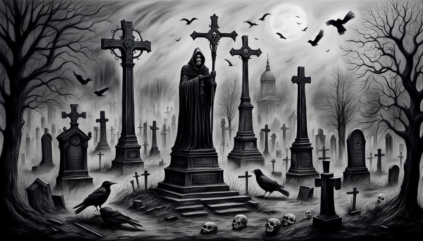 Hyperdetailed Charcoal Drawing: Grim Reaper in Graveyard