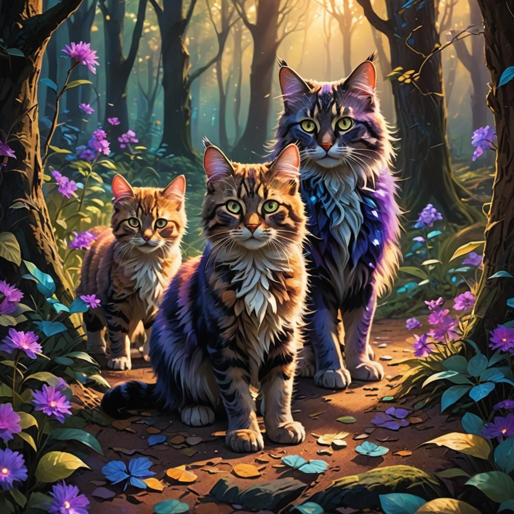 Cats in Mystical Forest, Fantasy Concept Art