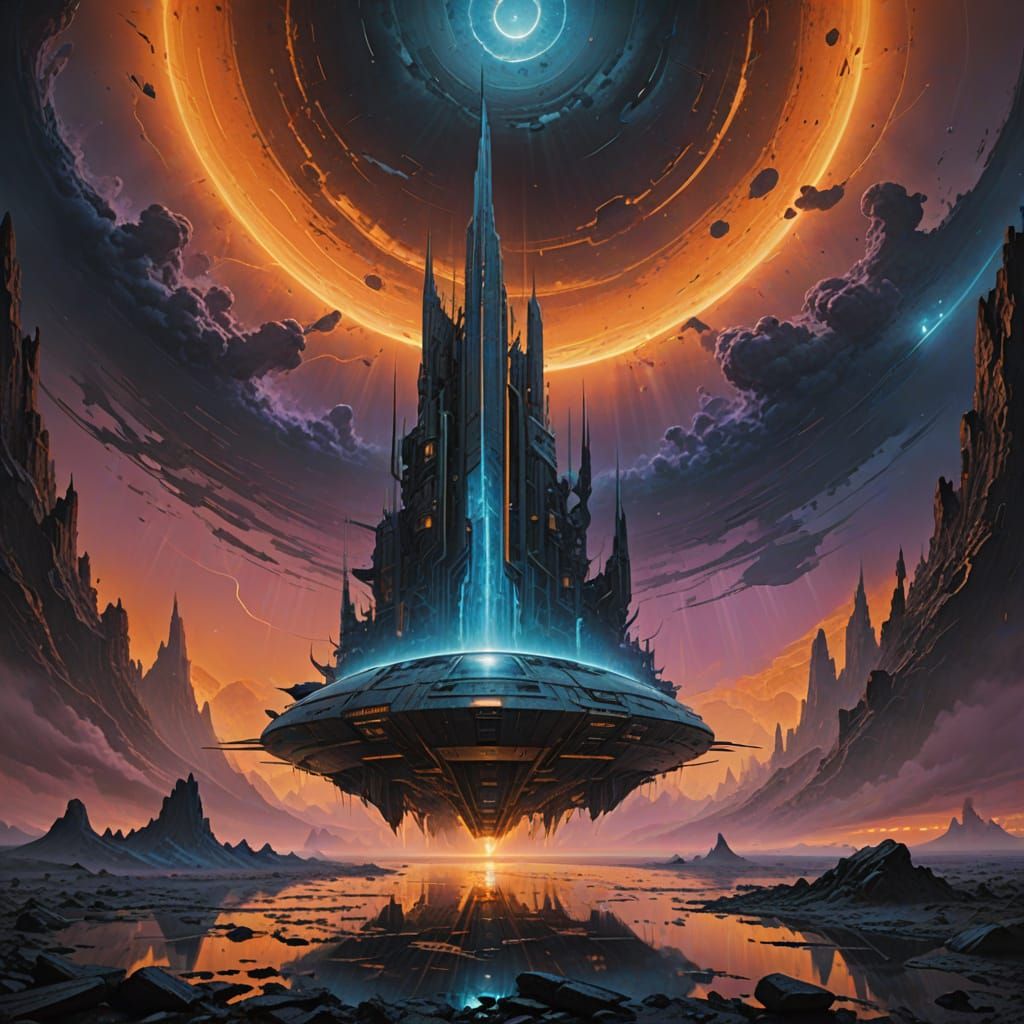 Ethereal Starship in Vibrant, Iridescent Nebula