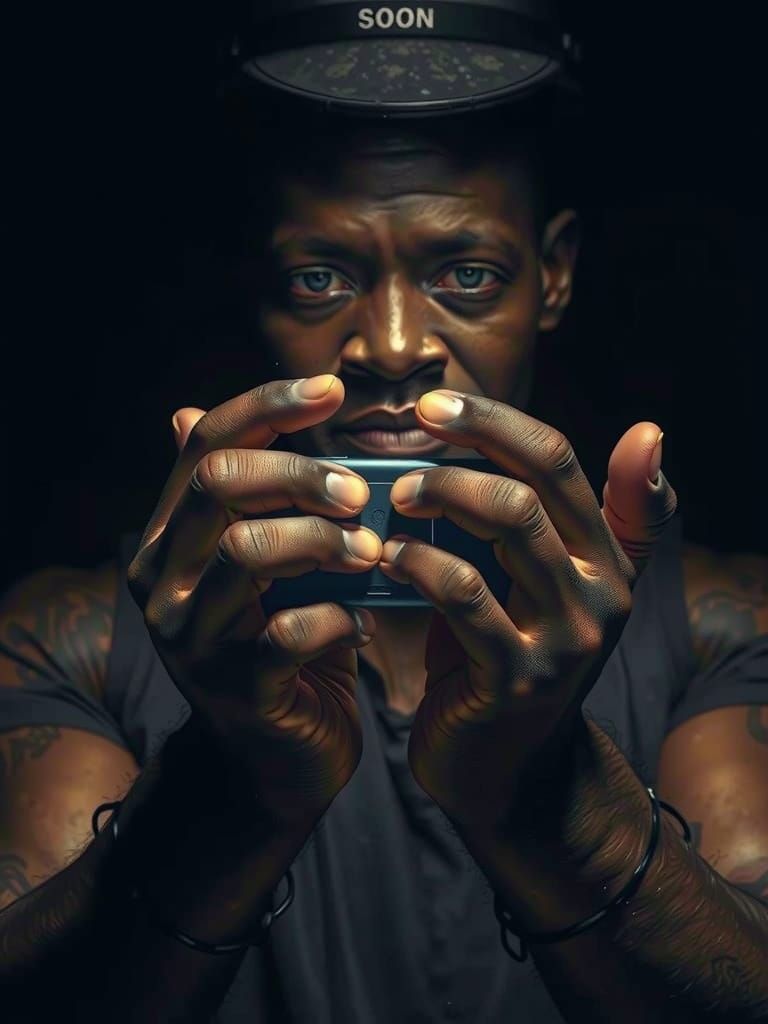 African American Hands Holding Samsung Phone in Harsh Light