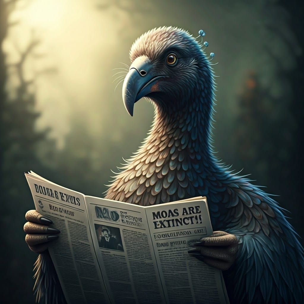 Moa Bird Reads Extinction News in Black and White