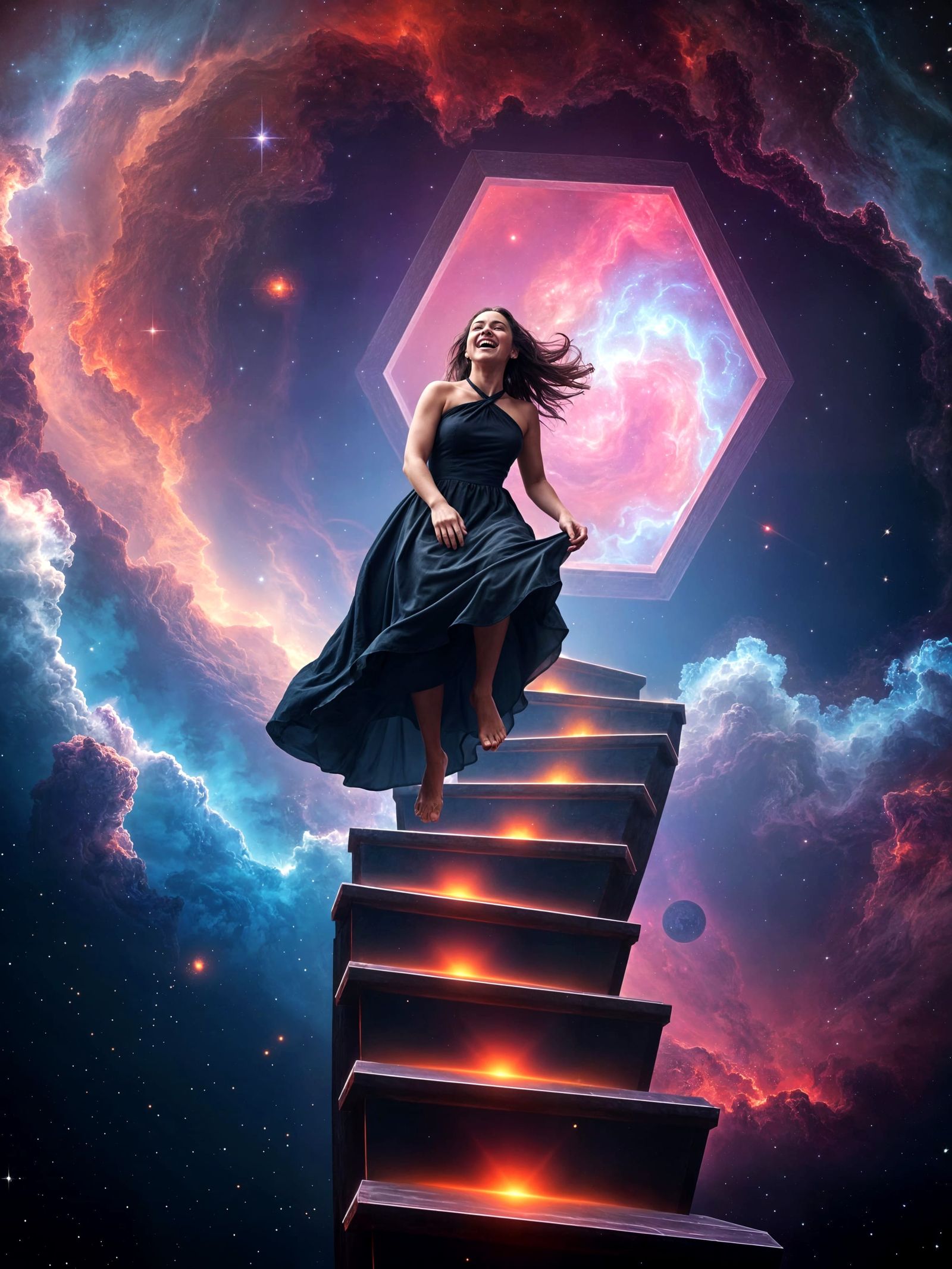 Laughing Woman on Dark Matter Staircase in Nebula