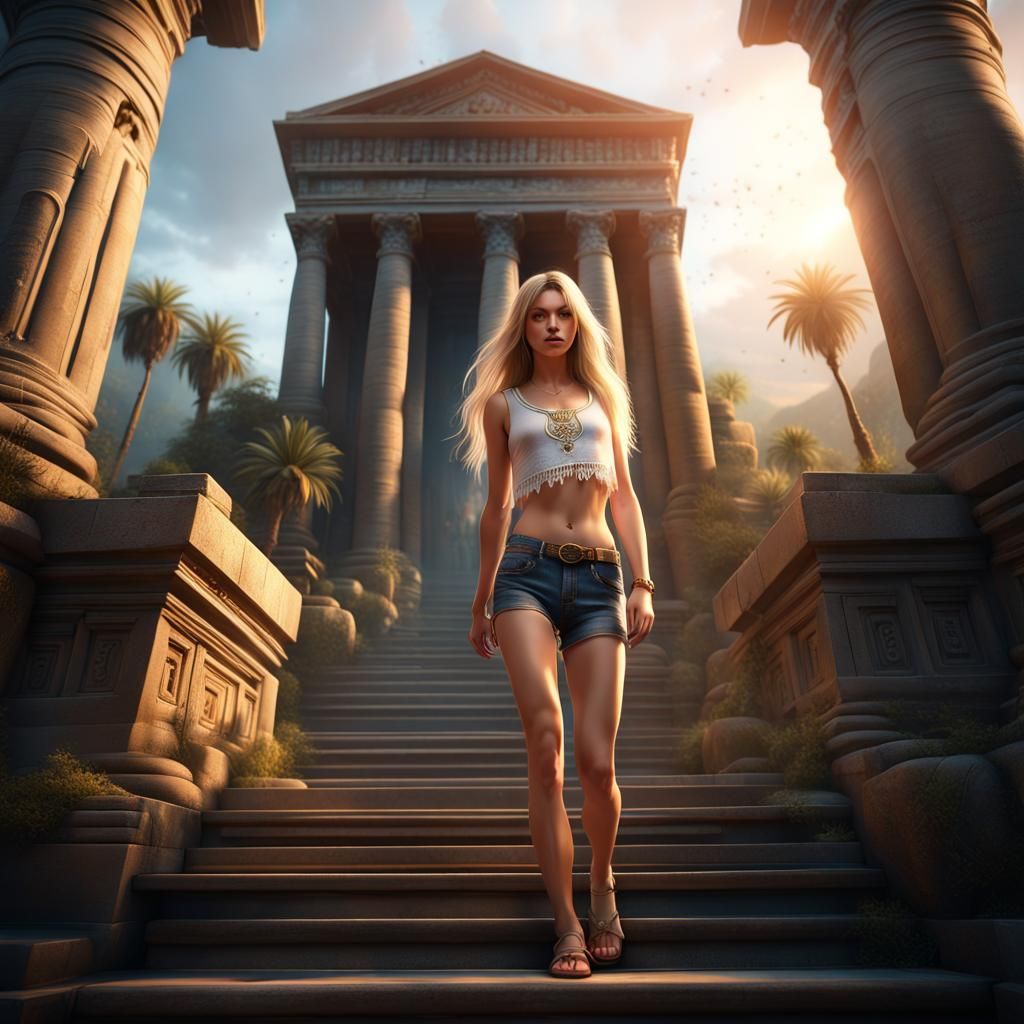 Teen Ascends Temple Steps: Detailed Matte Painting