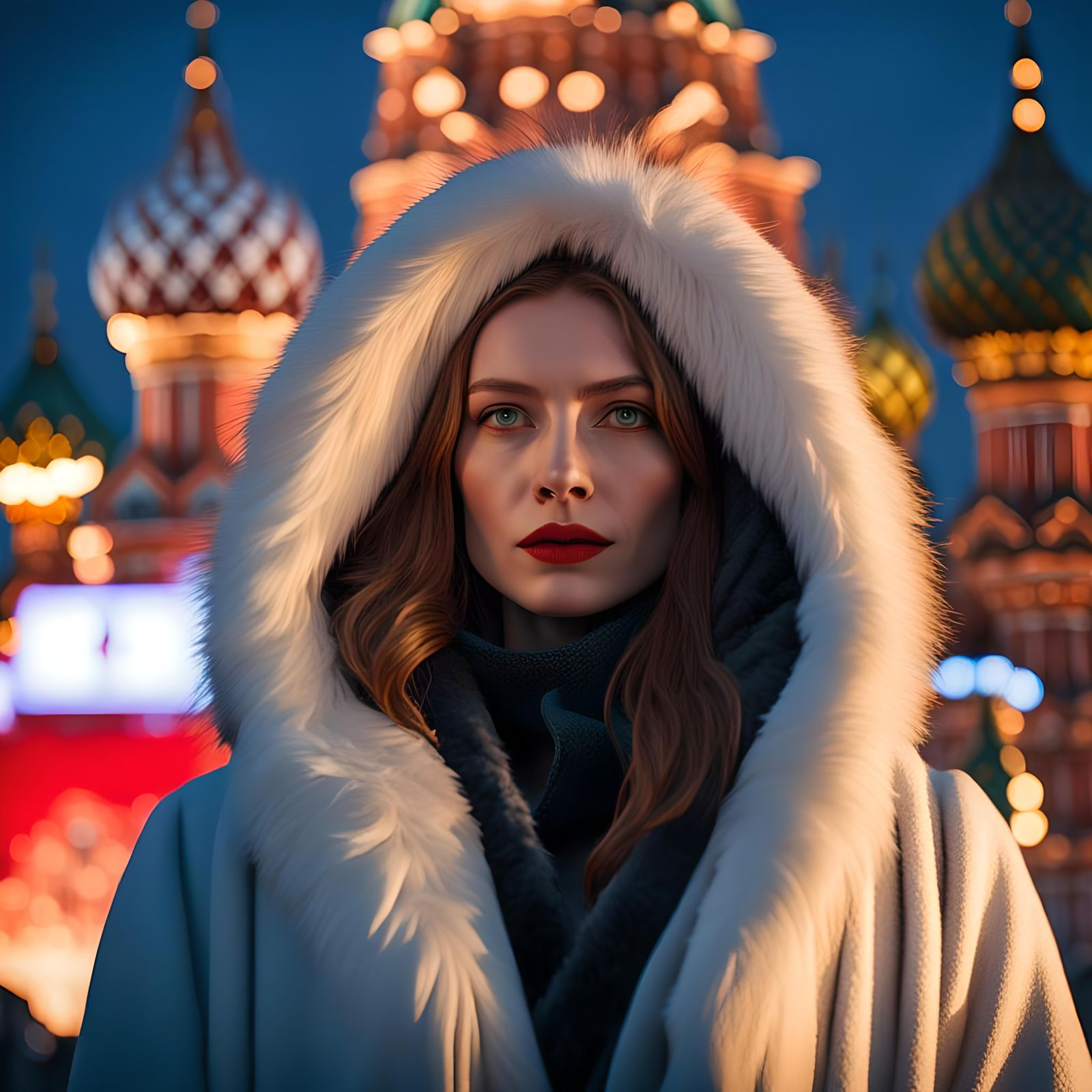 Futuristic Red Square in Moscow with Slavic Lady