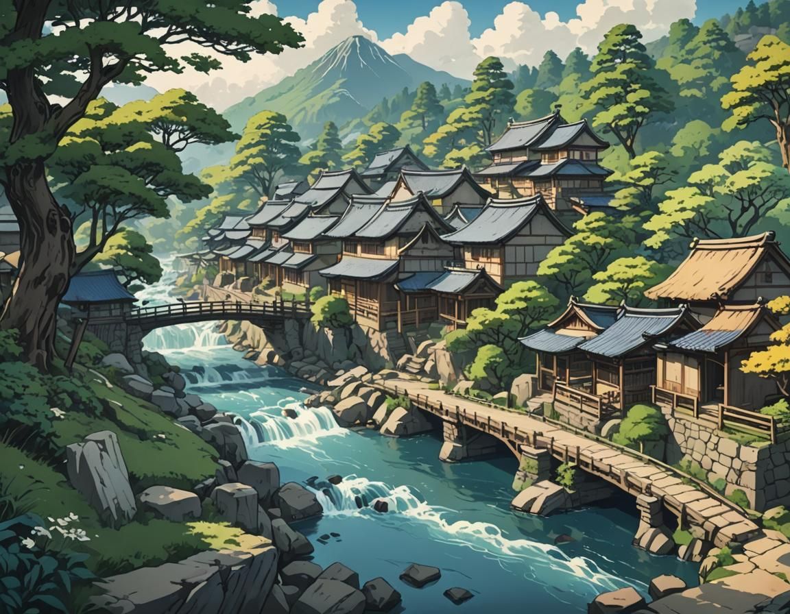 Japanese Village with River in Hokusai Style