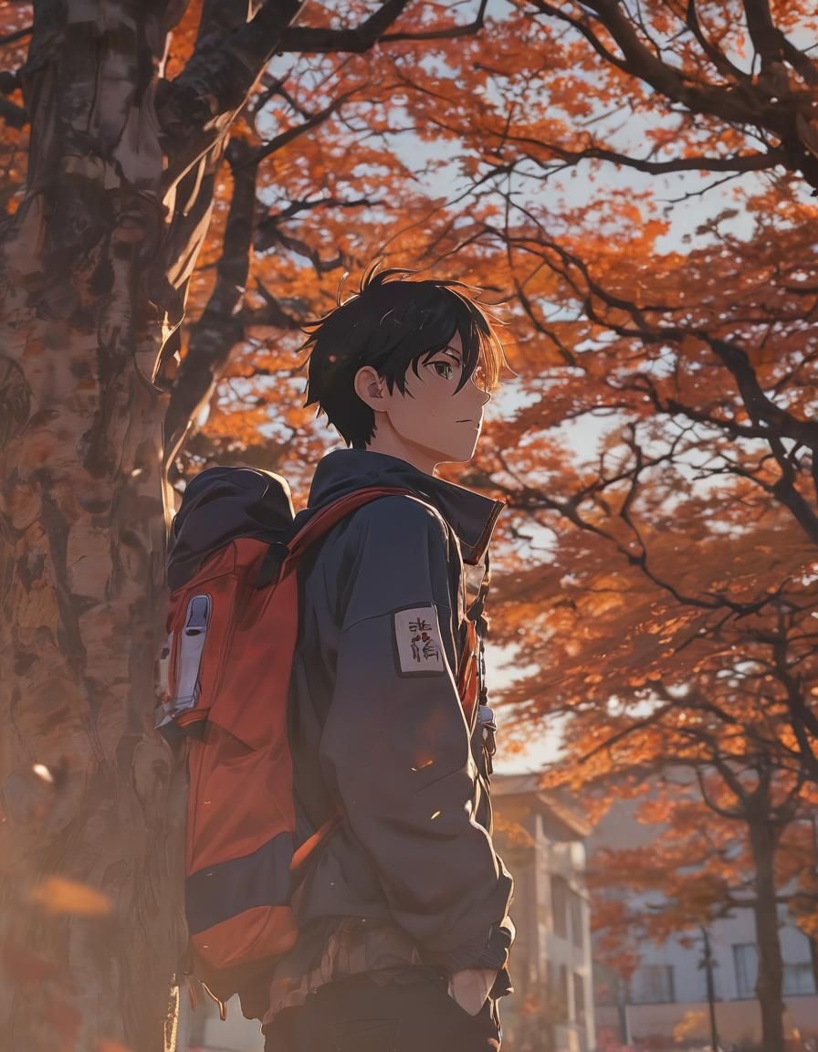Anime Boy's Self-Doubt in Autumn Sunset