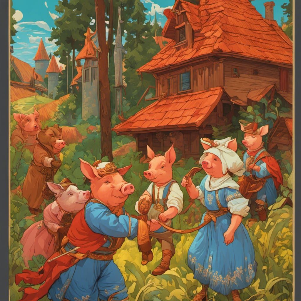 The Three Little Pigs in Folk Art Style