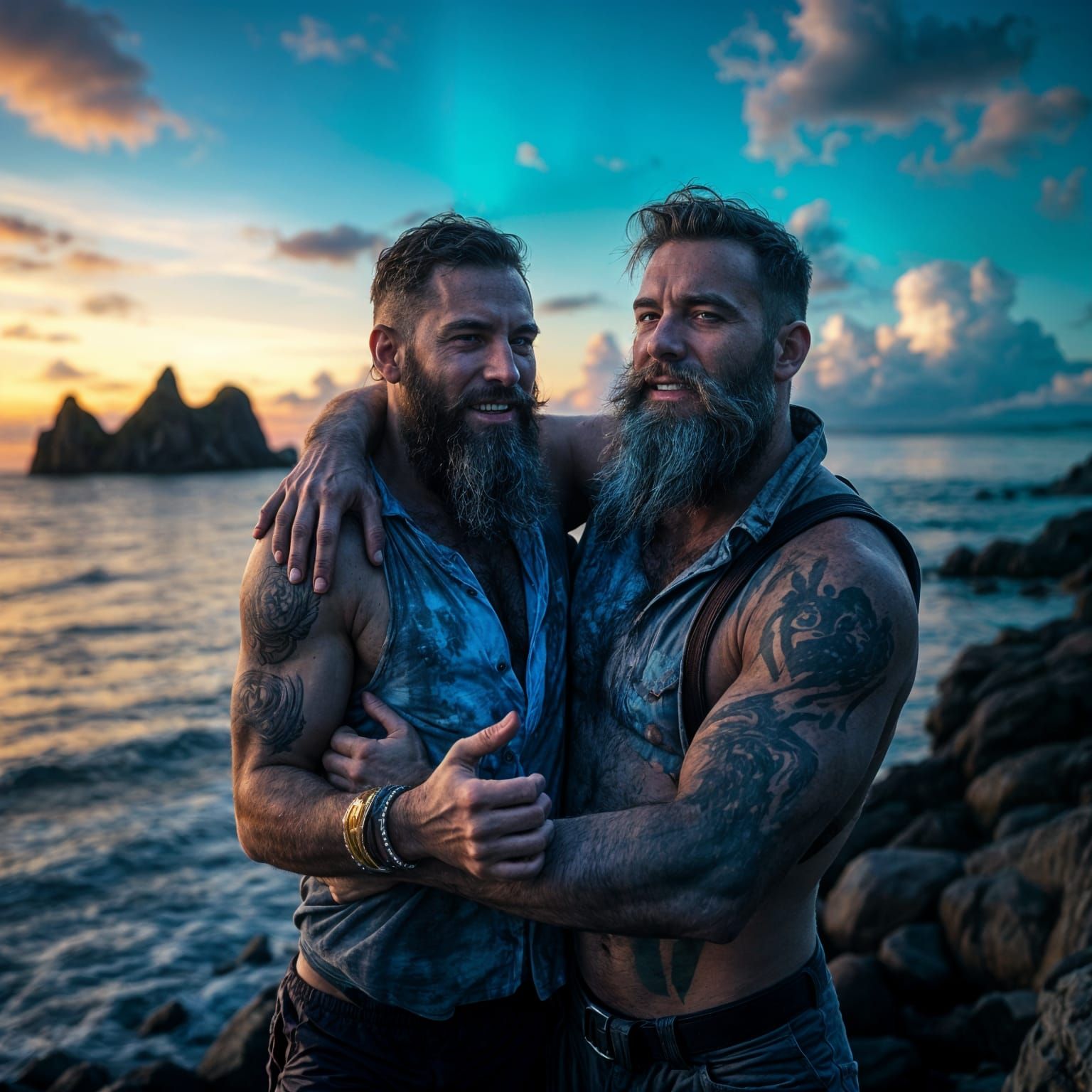 Men Embrace on Beach with Double Sunset