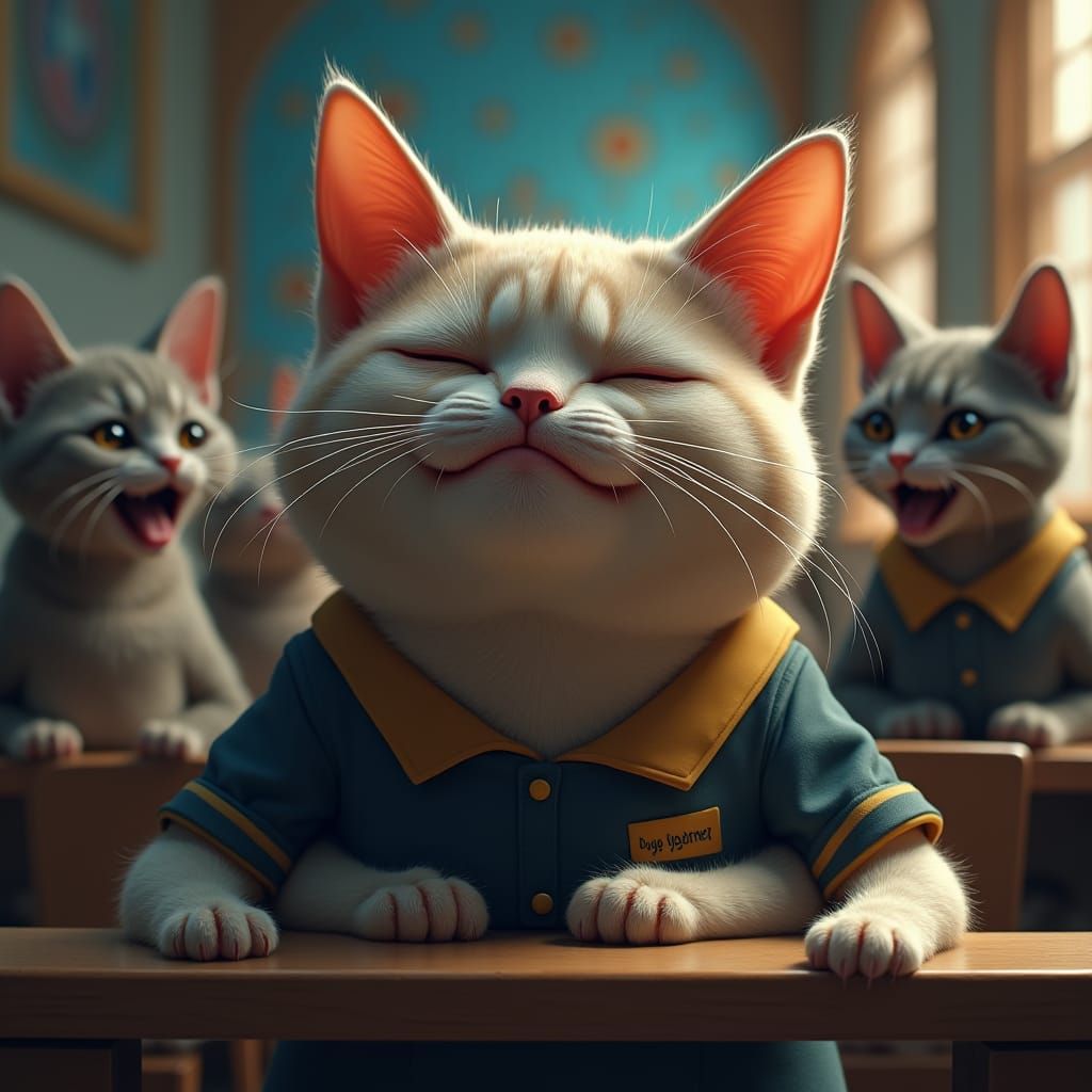 Sad Obese Cat Bullied: Detailed Digital Art