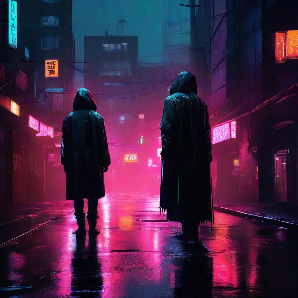 Cyberpunk Alleyway: Hooded Figure, Cyborg, and Woman