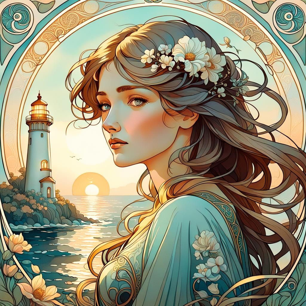 Art Nouveau Woman with Lighthouse Portrait