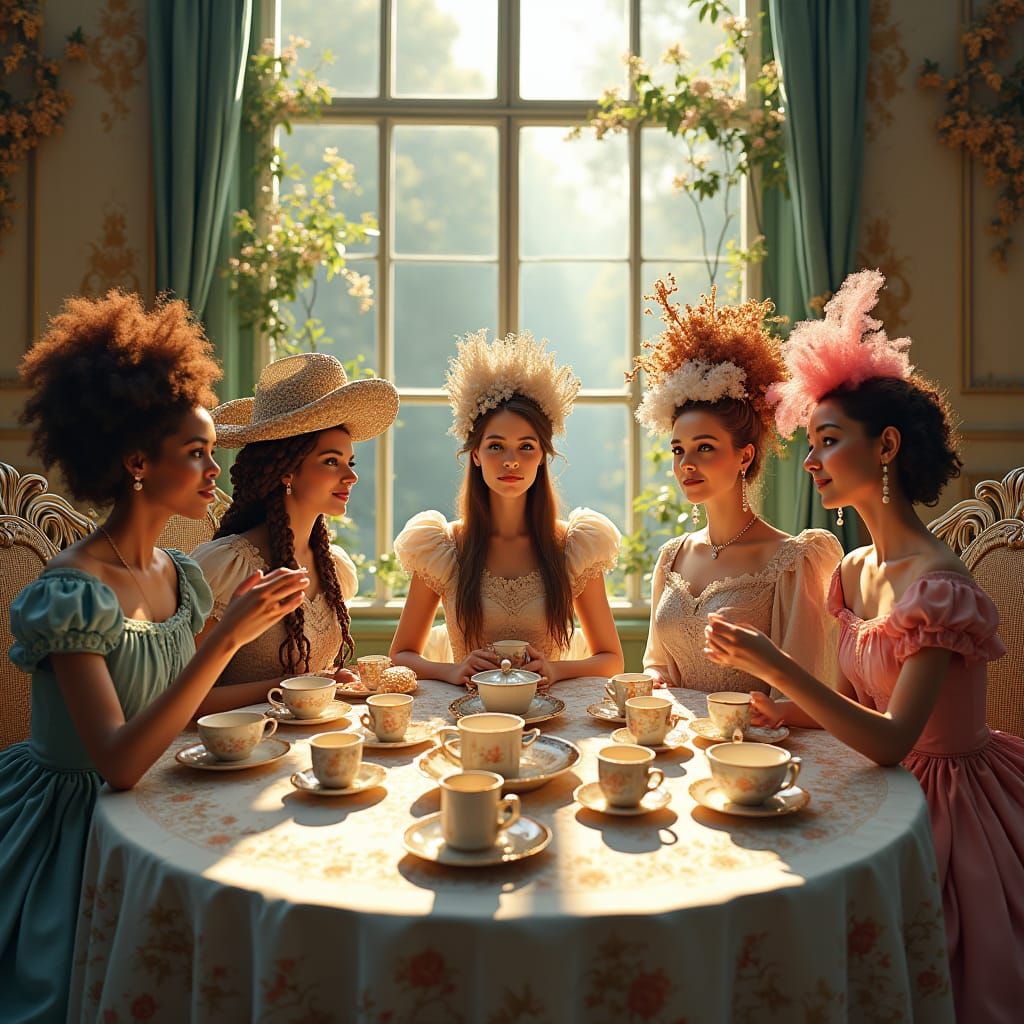 Whimsical Tea Party in Dreamlike Landscape