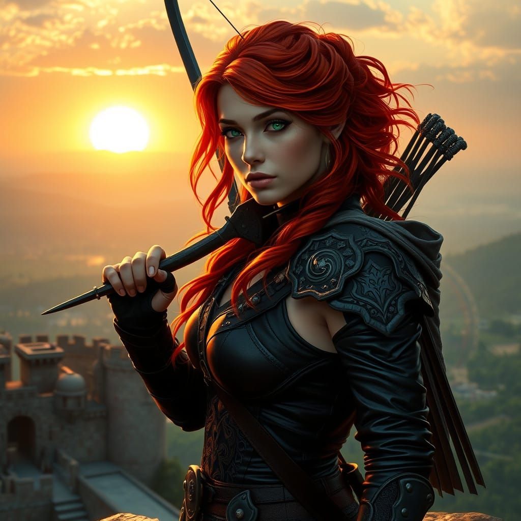 Sensual Red-Haired Archer Rises Above Medieval Stronghold at...