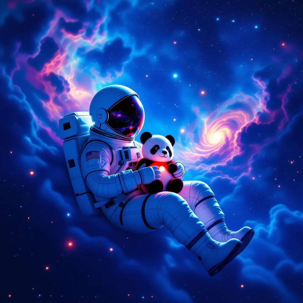 Astronaut Adrift with Red Panda Plushie in Nebula
