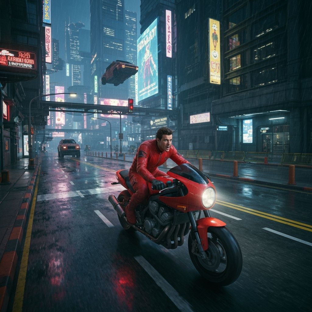 Futuristic Neon Motorcycle Races Through Cyberpunk City