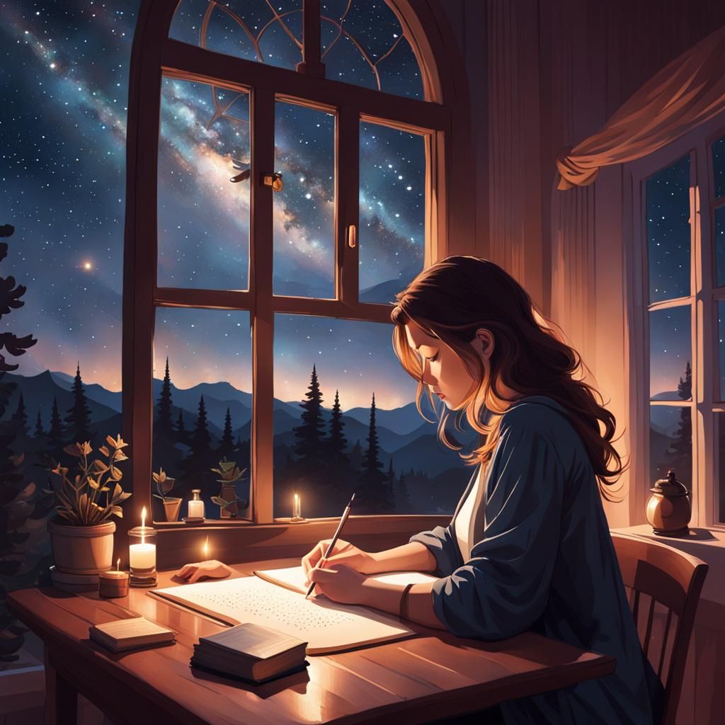 Girl Writes Poetry Under Starry Night Sky