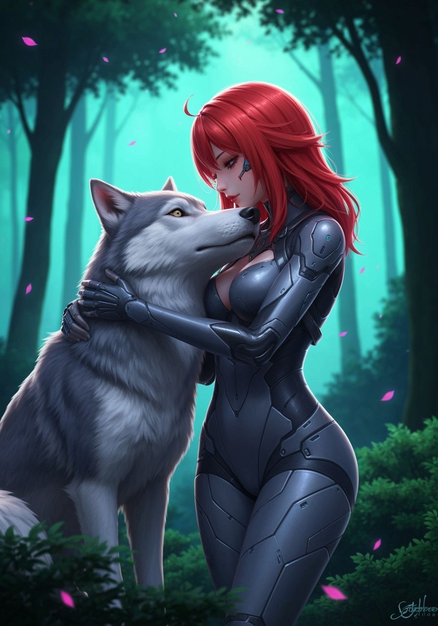 Futuristic Woman Embraces Wolf in Lush Forest