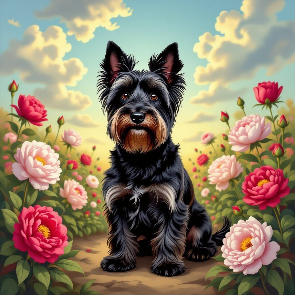 Scottish Terrier in Peony Garden, Surrealist Matte Style