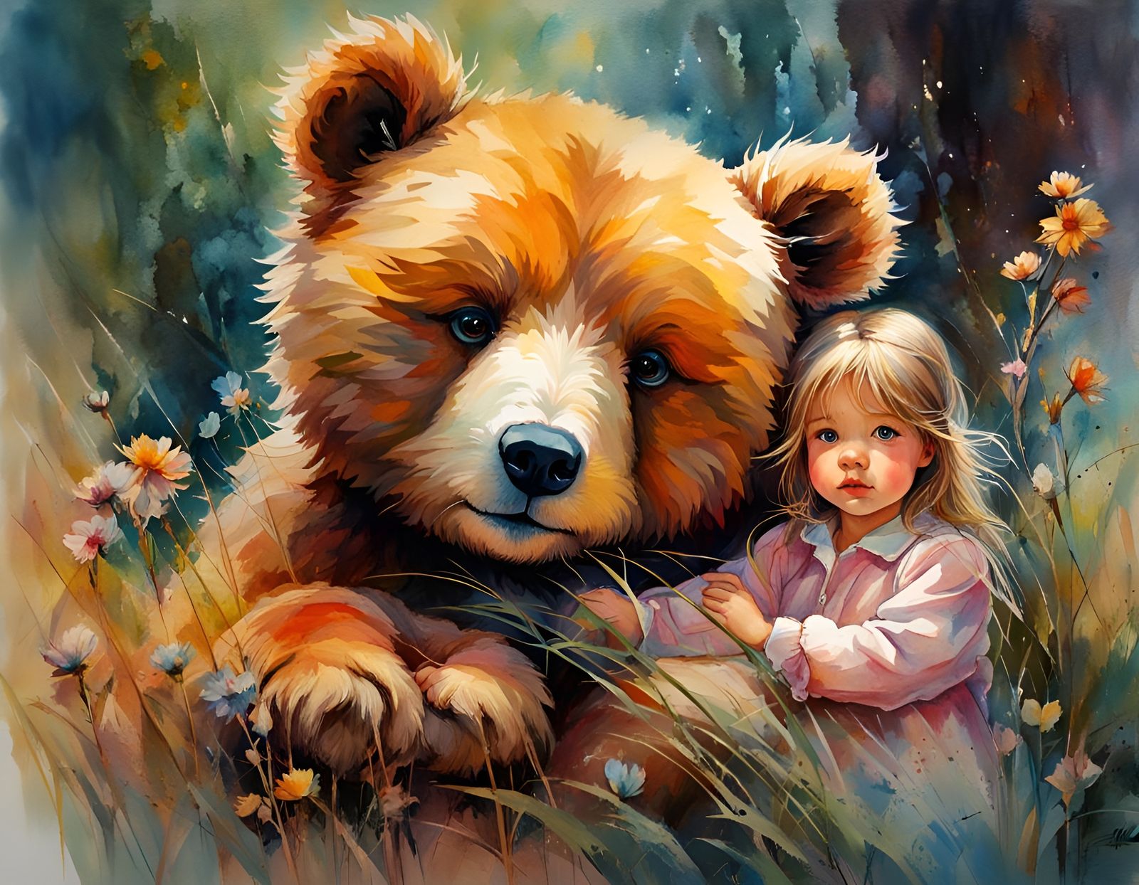 Girl and Teddy Bear Watercolor in Loose Style