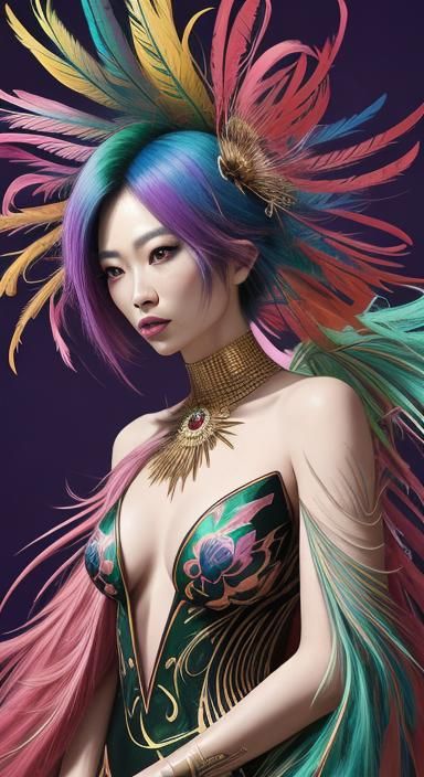 Rainbow Woman with Peacock Feathers: Abstract Art