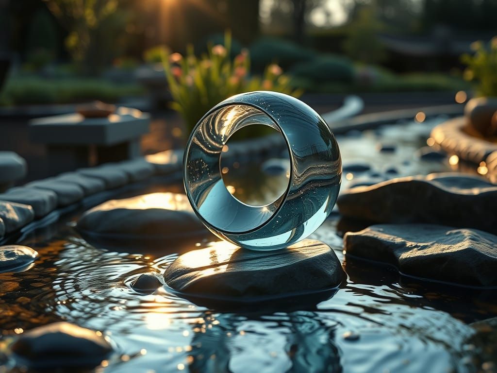 Ethereal Glass Sculpture in Morning Zen Garden Reflections