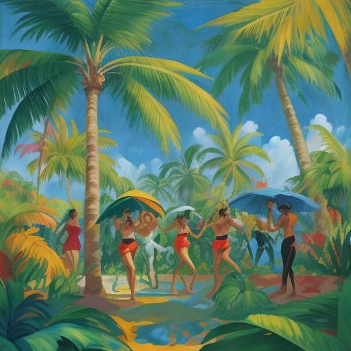 Joyful Friends Dancing in Expressionist Tropical Landscape